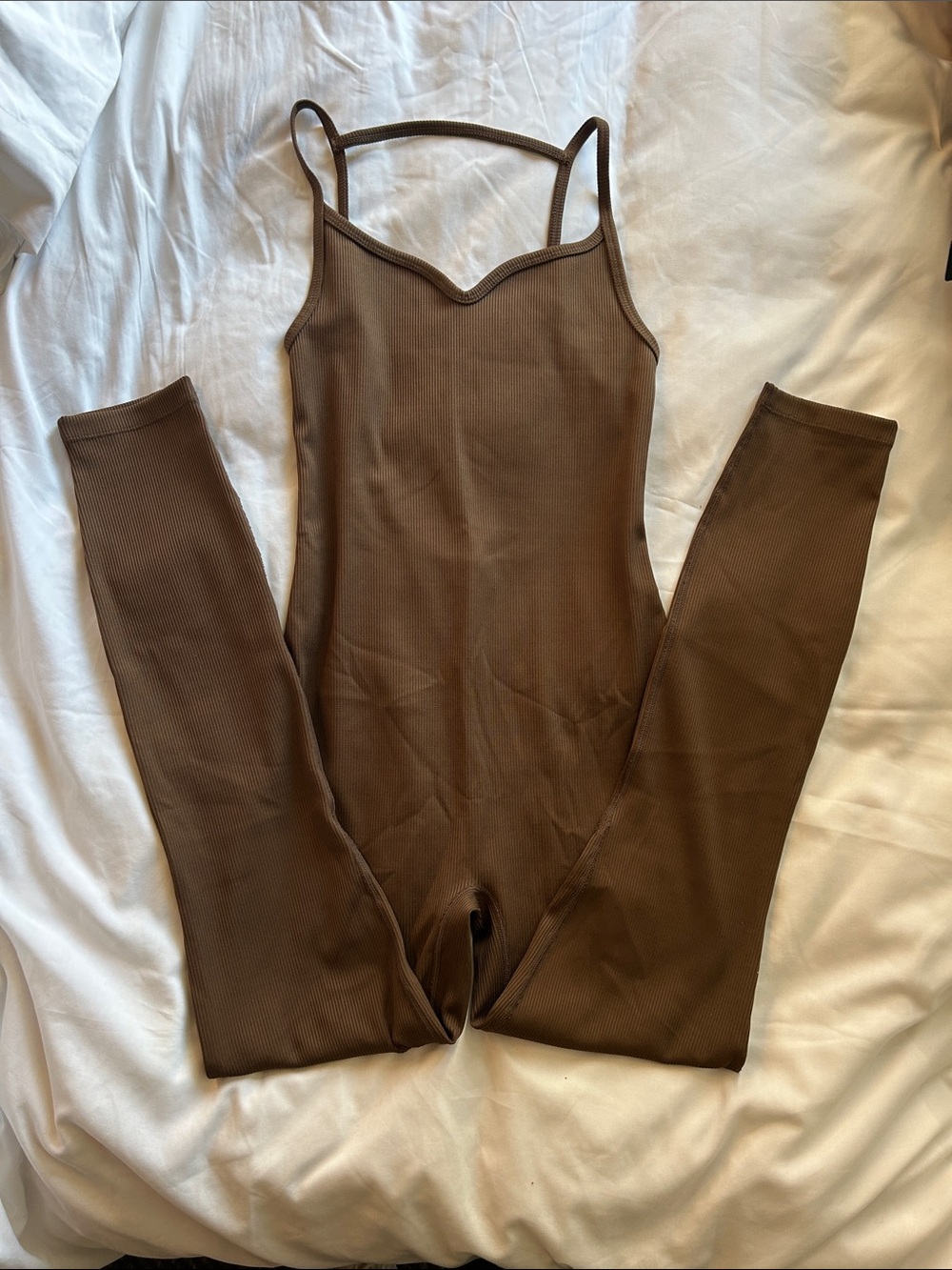 NYLORA Brown Ribbed Spaghetti-Strap Jumpsuit